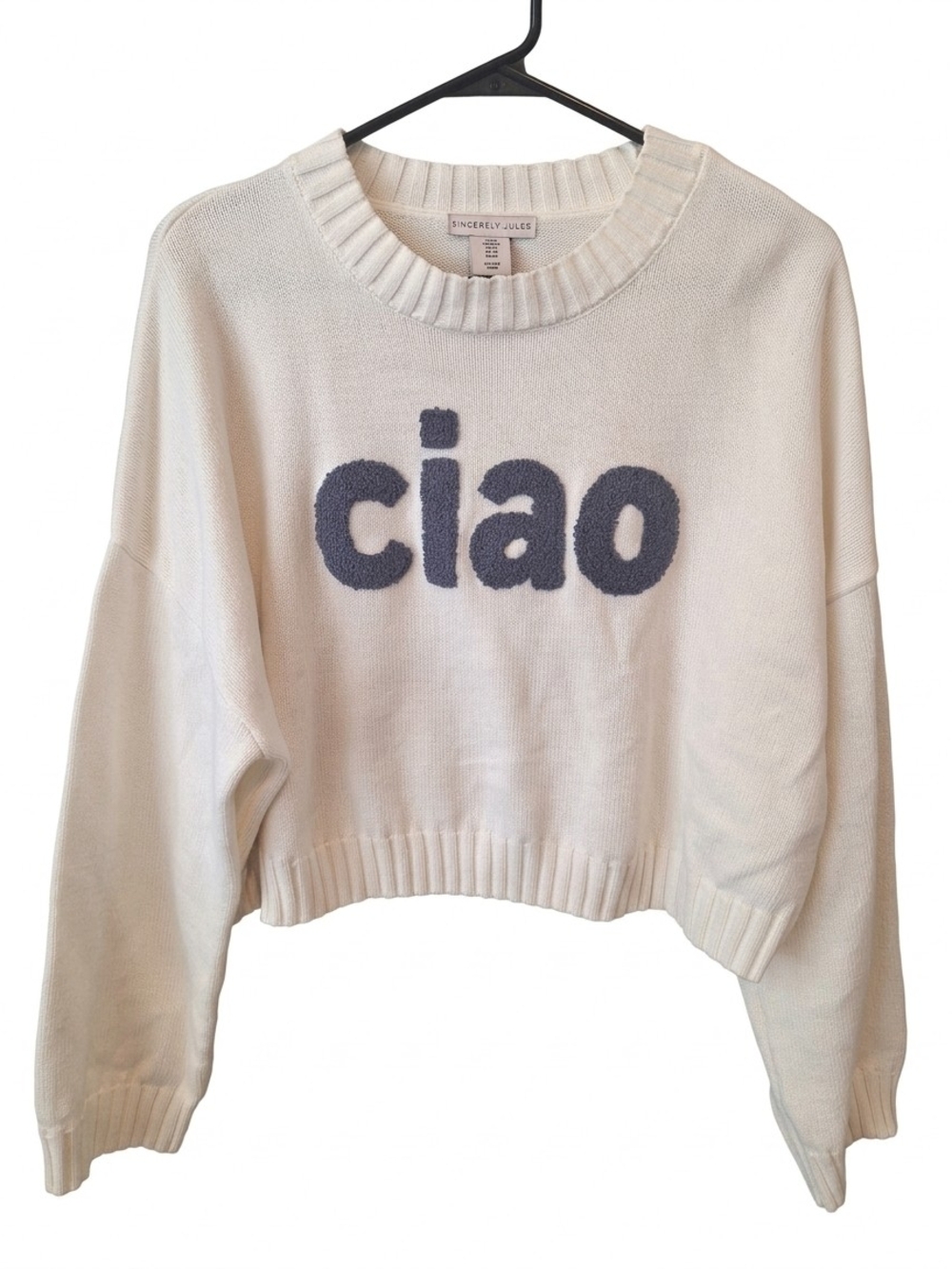 Sincerly Jules Cream Crewneck Sweater with Navy 'ciao' Logo